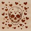A stylized skull illustration with heart motifs incorporated into the design.