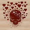A stylized skull design featuring love hearts, suitable for tattoo or craft projects.