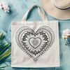 A symmetrical heart design surrounded by intricate patterns and shapes.