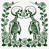 Embracing Skeletons with Floral Bouquet A pair of skeletons embracing, surrounded by a floral arrangement featuring a single long-stemmed rose.