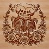 Whimsical Hand-Holding Skulls in Florals A pair of skeleton figures holding hands, surrounded by a floral arrangement including roses.