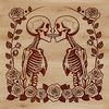 Whimsical Floral Skeletons Holding Hands A pair of skeletons holding hands surrounded by floral elements, designed as a vector art template.