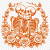An illustration of a skeleton holding a bouquet of roses, symbolizing love on Valentine's Day.