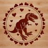 A prehistoric T Rex dinosaur illustration with love hearts.