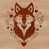 Wild Wolf Silhouette with Love Hearts A close-up illustration of a wolf's head, surrounded by love hearts.