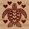 A sea turtle swimming in the ocean with heart symbols surrounding its body.