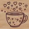 A stylized coffee cup with love hearts surrounding the design.