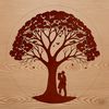Whimsical Tree with Heart-Shaped Leaves An ornate vector design featuring a tree with heart-shaped leaves and a couple's lips touching in a kiss.