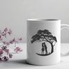 A pair embracing under the branches of a large tree.