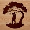 Couple's Hug in Bloom A stylized illustration of two people embracing under the branches of a tree, symbolizing love and connection.