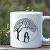 Illustration of a tree with intertwined lovers embracing.