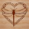 A colorful illustration of a dragonfly with two hearts on its wings.