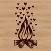 A campfire design featuring flames with love hearts surrounding the fire pit.