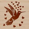 A colorful illustration of a hummingbird in mid-flight with heart shapes around it.