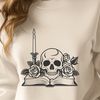 Gothic Skull Illustration with Candlelit Background A detailed illustration of a skull surrounded by candles, with a book and rose in the background.