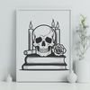 Dark Gothic Skull with Rose and Book Silhouette A skeletal skull with a rose and book in the background, set against a dark, ominous backdrop.