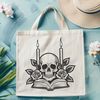 Elegant Gothic Skull Ornament A stylized, ornate skull with candles and roses surrounding it, suitable for Halloween designs.
