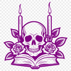 Spooky Skull Illustration in Ink Style A detailed illustration of a skull surrounded by a candle, book, and rose in a Gothic-inspired design.