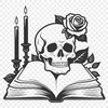 Dark Candlelit Skull Design A detailed illustration of a skull with intricate designs, set against a dark background with a faint candlelight glow.