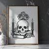 Decorative Skull Design with Rose Elements A stylized illustration of a skull with decorative elements, set against a simple background.