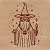 A stylized illustration of a wizard in a fantasy setting.
