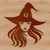 Witchcraft Iconography A witch's head with a pointed hat and broomstick, surrounded by mystical symbols and candles.