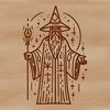 A magical character with a pointed hat and wand, set against a simple background.