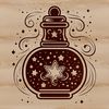 Magical Potion Bottle Icon A witch's potion bottle on a black background, surrounded by magic symbols, vector art.