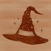 A witch's pointed hat sits atop a collection of mystical symbols and potions, evoking a sense of dark magic.
