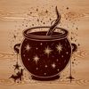 Dark Magic Cauldron Illustration A witch's cauldron sits atop a dark stone table, surrounded by mysterious candles and occult symbols.