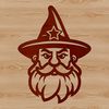 Mystical Magician with Pointed Hat A fantastical illustration of a wizard with long white beard, pointed hat, and staff.