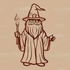 Fantasy Figure with Long White Beard and Pointed Hat A medieval-style wizard depicted with a long white beard and pointed hat, surrounded by mystical elements.