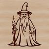 A simple line drawing of a wizard in a fantasy setting, suitable for clip art and vector design.