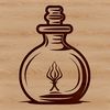 A simple line drawing illustration of a witch's potion bottle and various magical symbols.