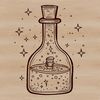 A detailed illustration of a witch's potion bottle with mystical symbols and herbs on a dark background.