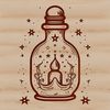 Spellbinding Potion Bottle Design A stylized illustration of a witch's potion bottle surrounded by mystical symbols, set against a dark background.