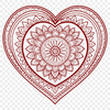 A colorful mandala design featuring an intricately detailed heart shape with symmetrical patterns and shapes.