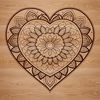 A intricately designed mandala heart icon made up of interconnected patterns and shapes.