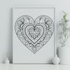 Beautiful Heart-Shaped Geometry Art A colorful, intricate mandala design featuring a heart shape, suitable for various digital applications and cutting machines.