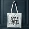A stylized illustration of a curious racoon peeking out from behind a tree trunk.