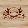 Axolotl salamander peeking out from behind a rock.