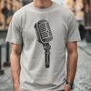 A stylized illustration of a microphone with sleek lines and modern design elements.