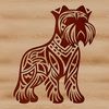 A standing miniature dog with ornate facial features.