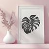 A detailed illustration of a single Monstera leaf with veins and edges.