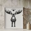 Wild North American Moose in Love A detailed illustration of a moose, a wild animal native to North America, surrounded by love hearts in various shapes.