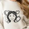 SVG Love Icon Graphic A stylized illustration of a woman with heart shapes surrounding her face.