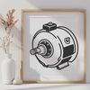 Motor Illustration with Technical Details A detailed illustration of a motor with technical components.