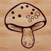 A stylized illustration of a single mushroom growing in the forest.