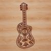A detailed illustration of an ornate guitar with intricate designs and patterns.
