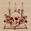 Dark Halloween Illustration A detailed illustration of a skull surrounded by a candle and roses, symbolizing the darker side of Halloween.